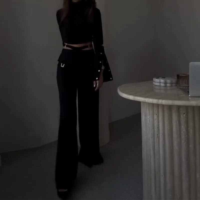 Women Pant Set Two Piece Sets Turtleneck Full Sleeve Cropped Top Sexy Wide Leg Long Pants Loose Casual Elegant Matching SetsT251022