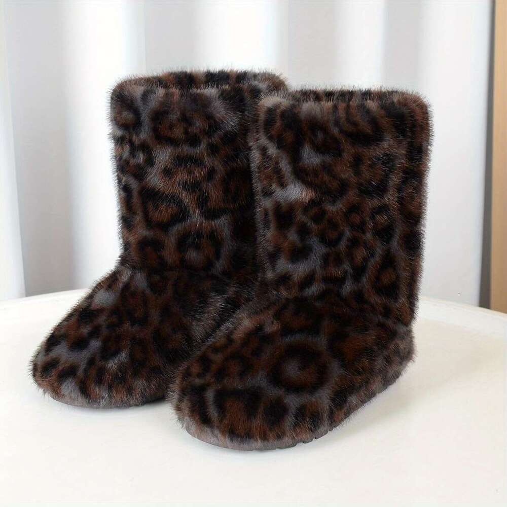 Women's Winter Warm Faux Plush Mid-Calf Slip-On Flat Round-Toe Casual Boots