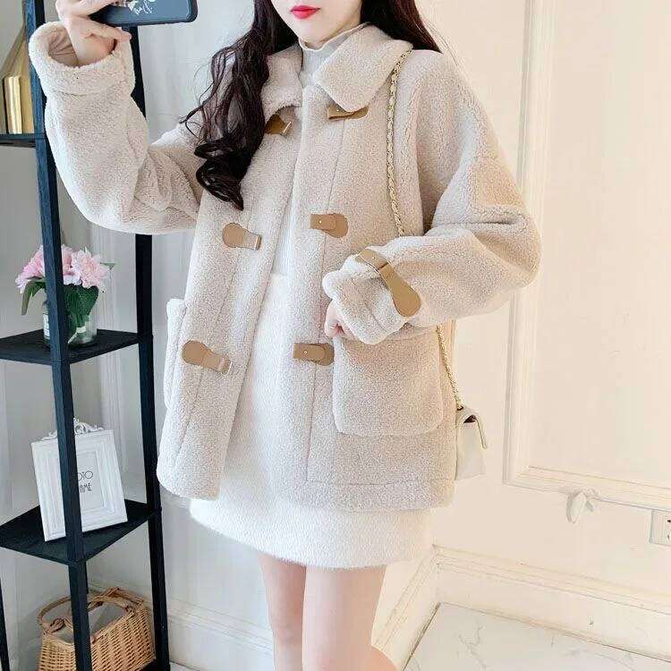 Lamb Veet Women's Small Size Autumn Winter New Korean Loose Versatile Button Long Sleeve Top Thickened Woolen Coat