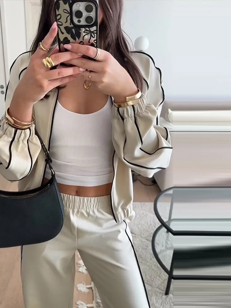 Casual Set Women Tracksuits Long Sleeve Lapel Fashion Zipper Hoodie Tie Elastic Waist Comfortable Striped Pants Sport Suit 251010