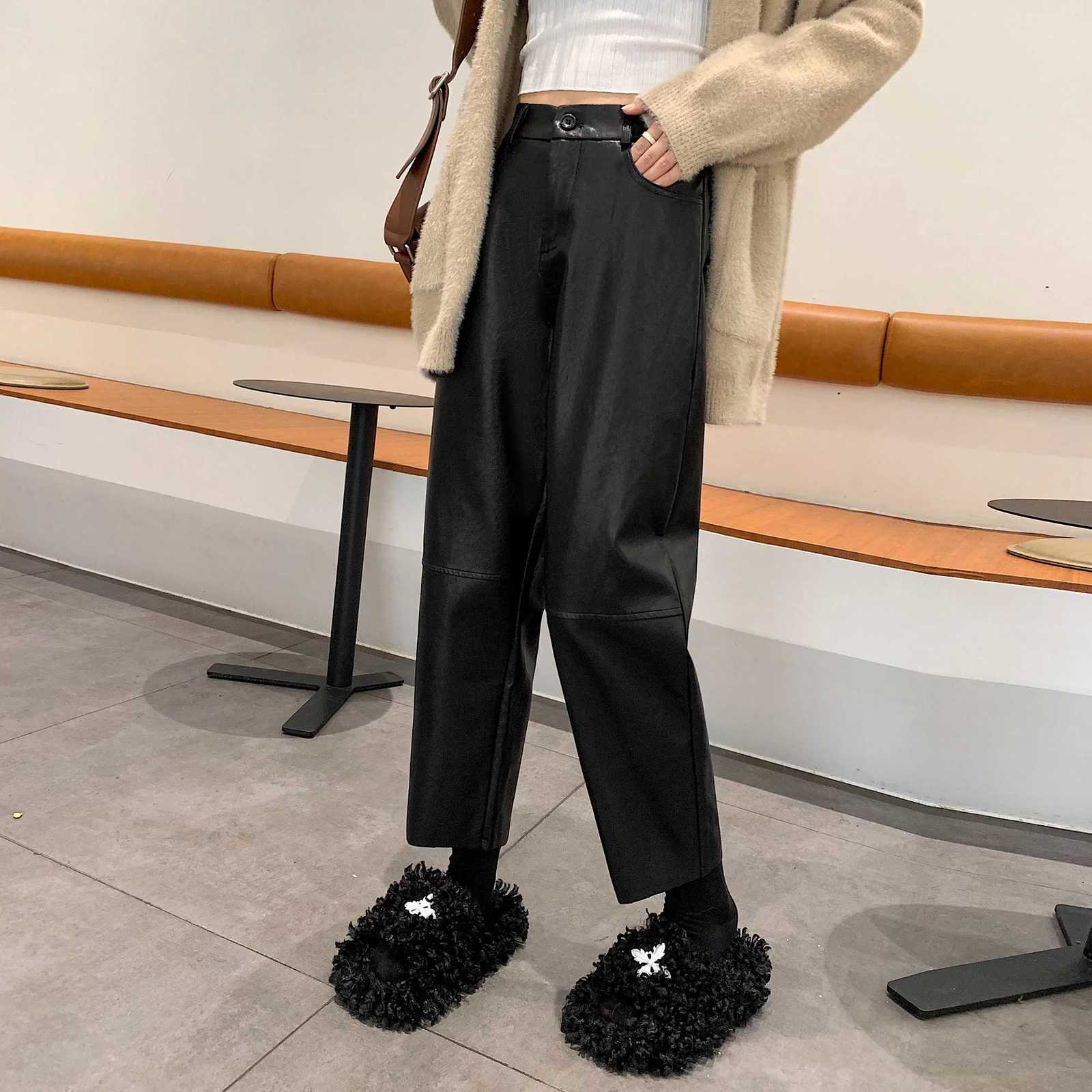 Autumn Winter PU Leather Vintage Womens Ankle Length Pants 2024 New High Waist Zipper Black Straight Pants Female PocketsT251022