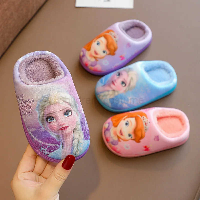 Disney Childrens Cotton Slippers Frozen Anti Slip Warm Cartoon Priness Winter Home Floor Girls Parentchild Baby Slippers Size H251022