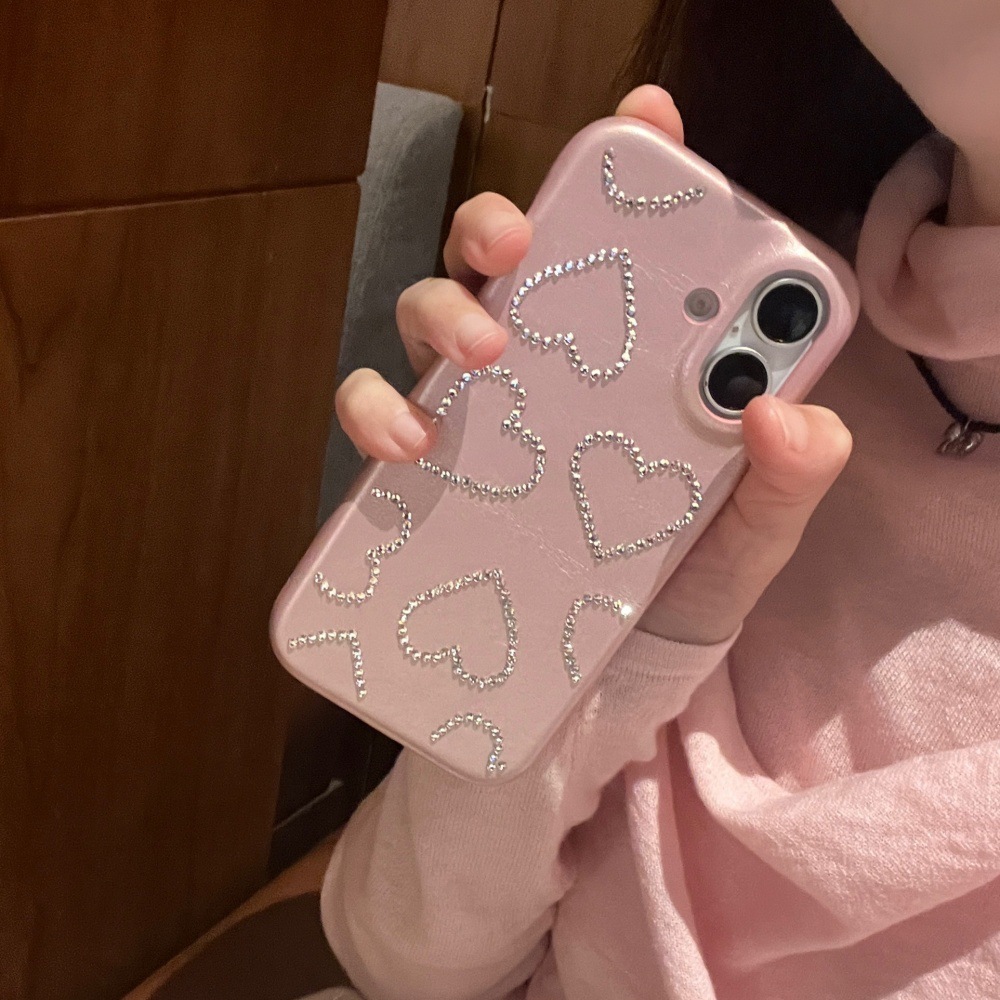 Ice Pink Heart Diamond iPhone Phone Case Compatible with iPhone 17/16 Pro Simple Solid Color 15/14P Protective Cover 13