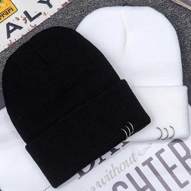 COKK Autumn Winter Hats For Women Girls Knitted Cap With Ring Hip Hop Korean Bonnet Beanie Hat Female Stretch Hats Gorras Black J251022