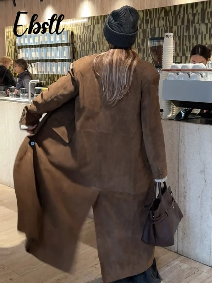 High Street Doublebreasted Suede Jackets Womens Vintage Turndown Collar Split Long Coat Autumn Winter Ladies Outwear 251020