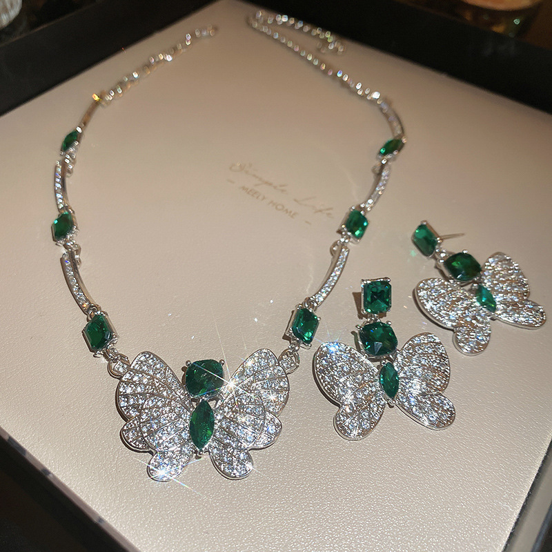 Silver Needle Inlaid Diamond Butterfly Green Square Earrings Necklace Set Exaggerated Collarbone Chain Light Luxury High-end Jewelry for Women - view 3