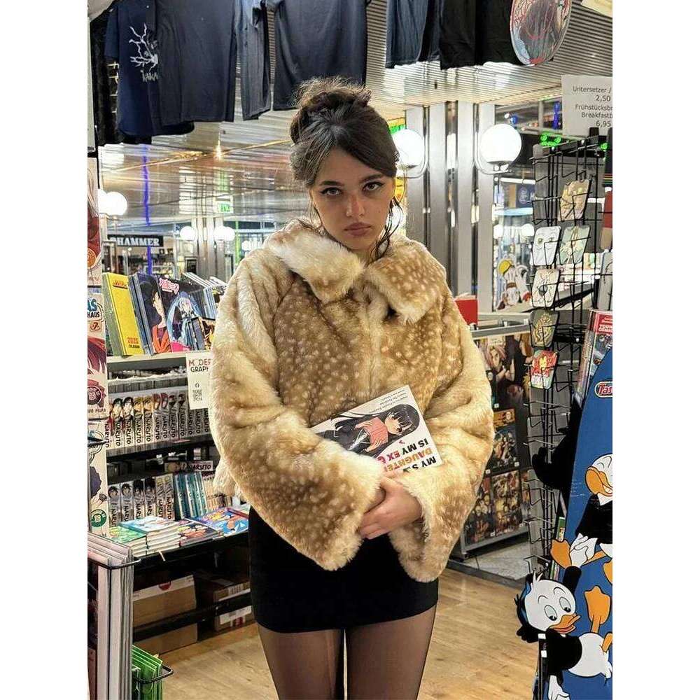 Leopard Printed Faux Fur Short Coat Women Lapel Full Sleeve Single Breasted Loose Mini Coats Lady Winter Daily Street Outerwear