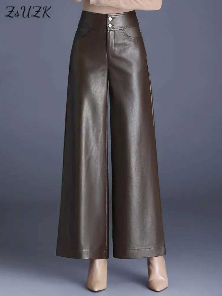 ZUZK High Quality Women PU Leather Wed Leg Pants Autumn Winter Fashion Warm Long Leather Pants Elegant LeatherTrousersT251022