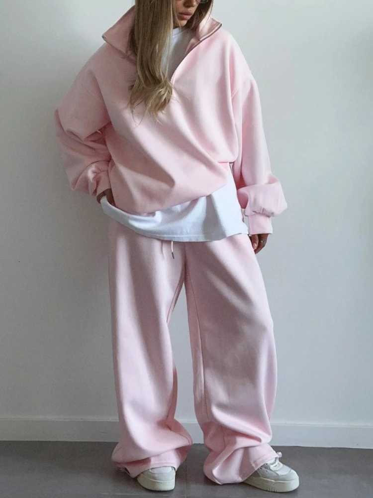 Oversize Pullover LaceUp Sweatpants TwoPiece Women Fashion HalfOpen Collar LongSleeved Sweater Trousers Casual Pant SuitT251022