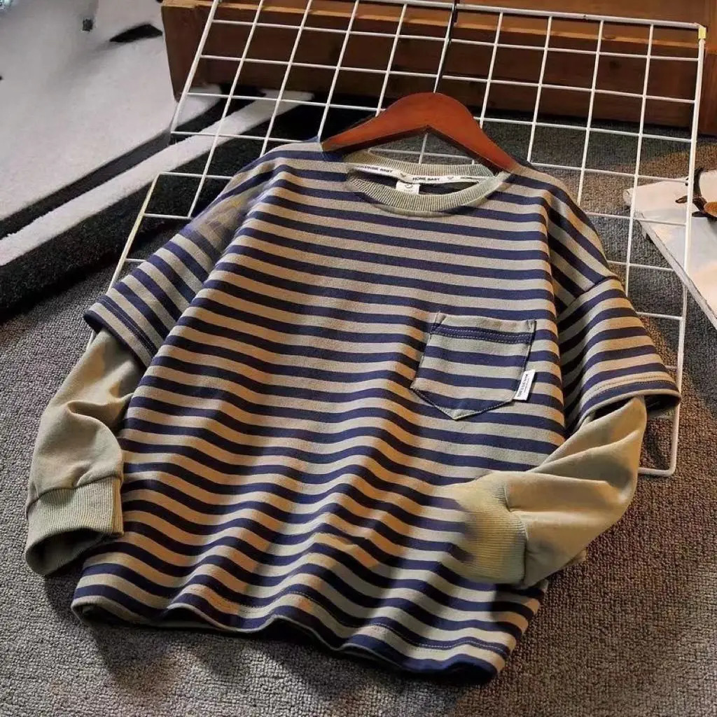 Kids Hoodies Spring 2025 Striped Patchwork Fashion Korean Casual Baggy Simple Style 251021