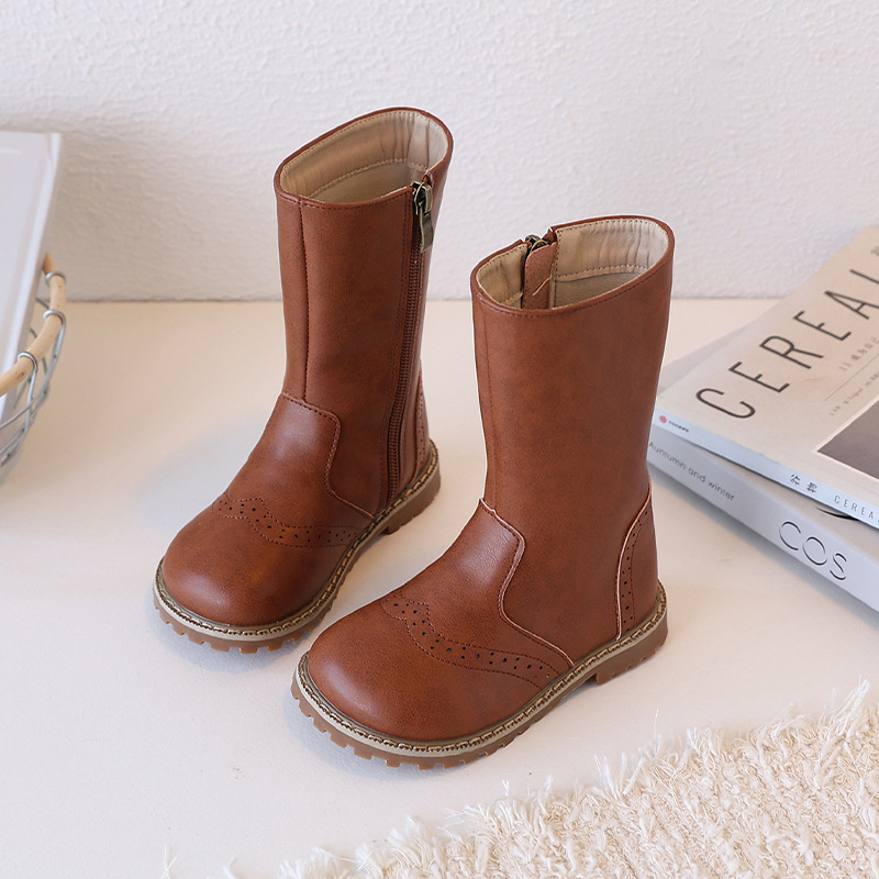 Designer Girl Long Boots for Girls Kids Black Brown PU Leather Toddler Cutefeet Children High Motorcycle Boots Sizes 24 - 35 US7.5-US3Y C1167