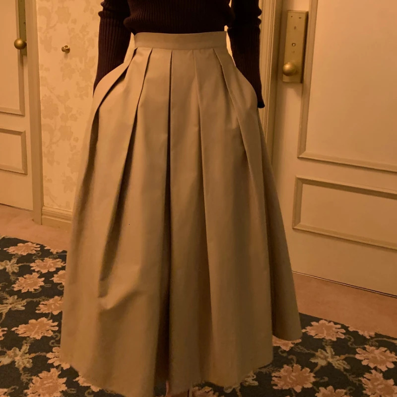 REALEFT Vintage Womens Pleated Skirts 2025 Spring Summer Korea Style High Waist Solid Straight Aline Midi Skirts Female 251022