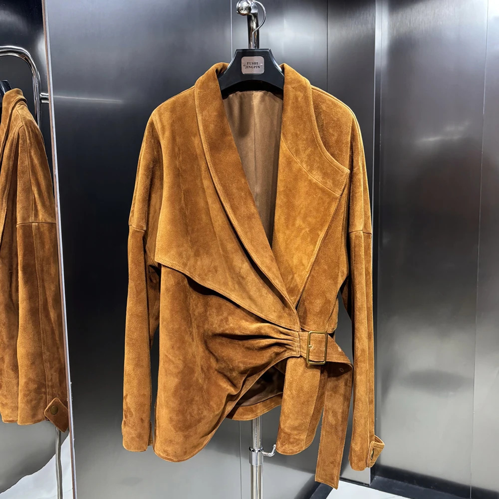 Elegant Real Sheepskin Leather Jacket for Women Oversized with Belt Autumn Fashion Female Outerwear 251021
