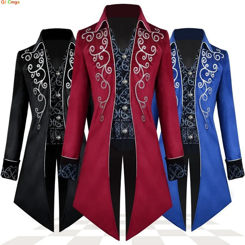 Red Embroidered Mens Long Jacket Black Mock Twopiece Trench Coat Purple Collared Vintage Tailcoat 251014