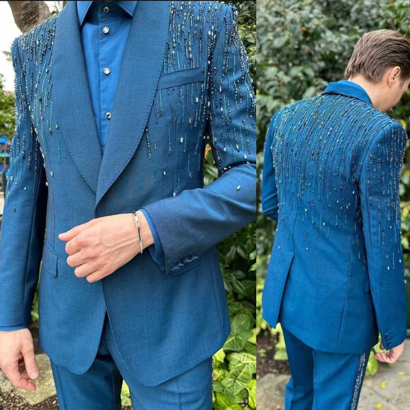 Exquisite Man Tuxedos 2 Pcs Jacket Pants Beading Men Suit Formal Shawl Lapel Single Breasted Wedding Groom Coat Customized