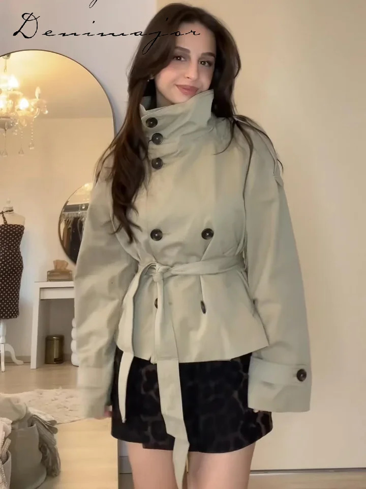 Street Womens Belt Cropped Trench Coat Elegant Stand Collar Double Breasted Long Sleeve Jacket Autumn Lady Commute Outwear 251021