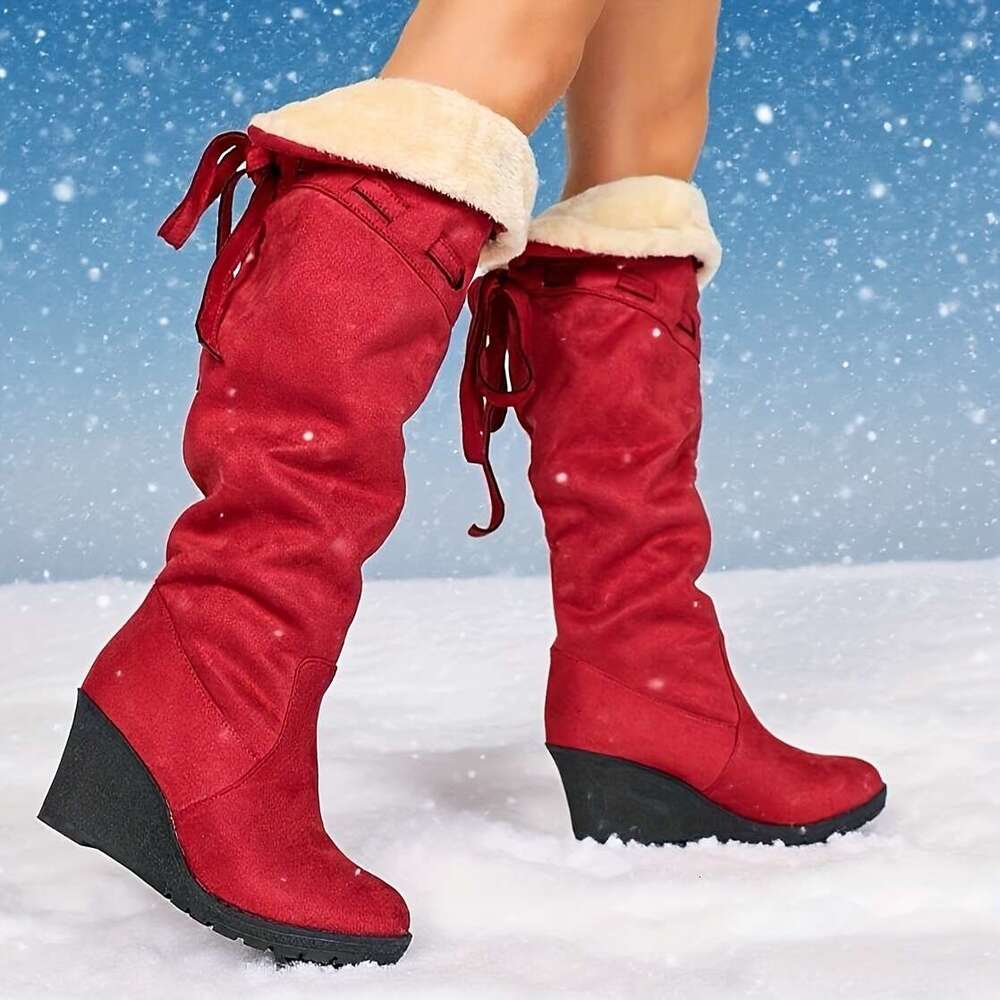 Women's Winter Slip-On High-Heel Knee-High With Fleece Lining Thick Rubber Sole - Sexy Western Style Round Toe Boots In Black Red, Hand Washable 