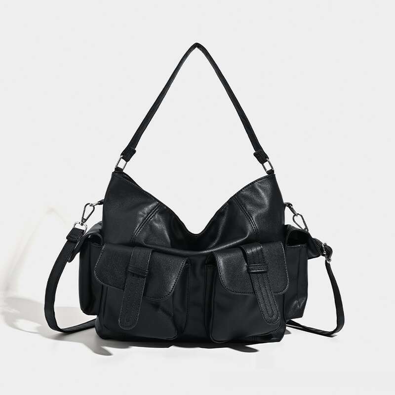 Large Capacity Messenger New PU Texture Trend Niche Design Underarm Handheld Black Solid Color Motorcycle Bag