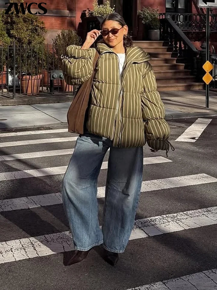 Loose Striped Cotton Padded Coat Womens Winter Zipper Lantern Sleeve Laceup Turn Down Collar Jacket Lady Warm Outwear 251017