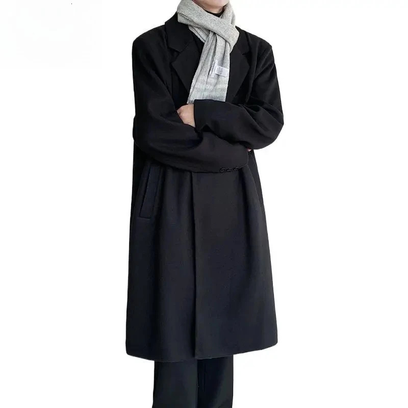 Autumn Winter Loose Fit Casual Jacket for Men Stand Collar Korean Style Mens Long Overcoat KneeLength Fashionable Woolen Coats 251017