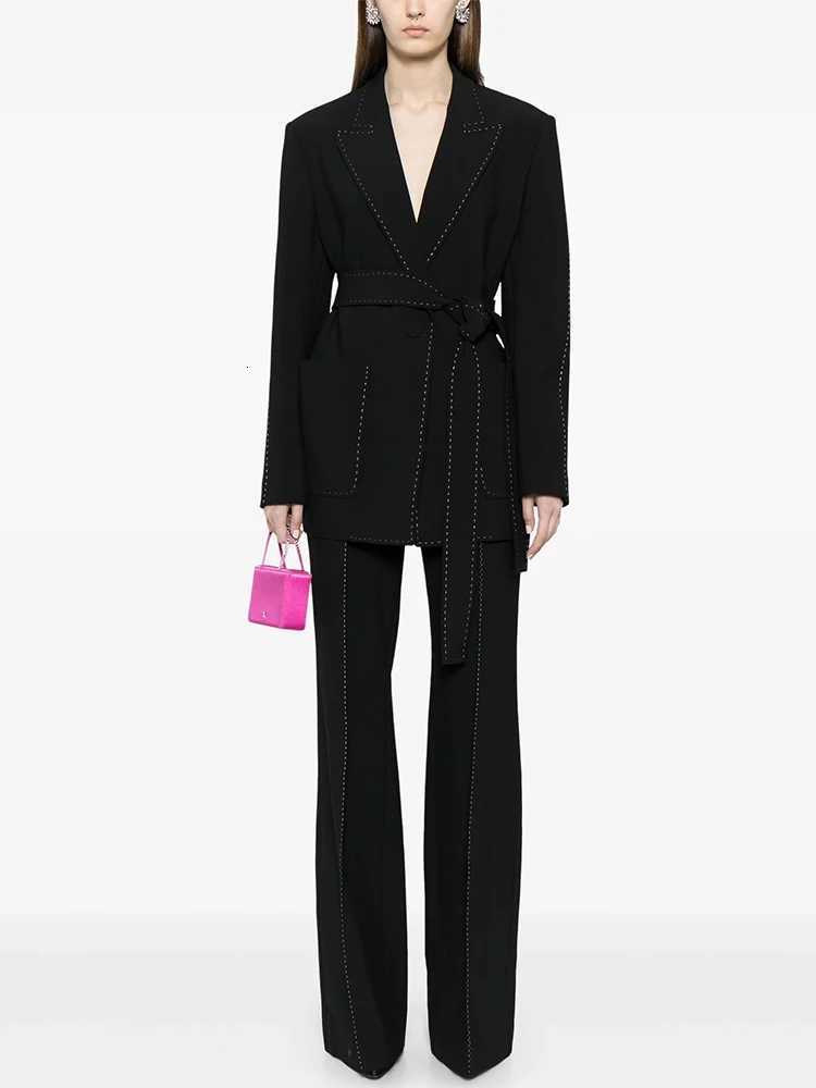 HIGH STREET Newest Fashion 2024 Designer Suit Set Womens Contrast Stitching Belted Blazer Pants Suit 2pcsT251022