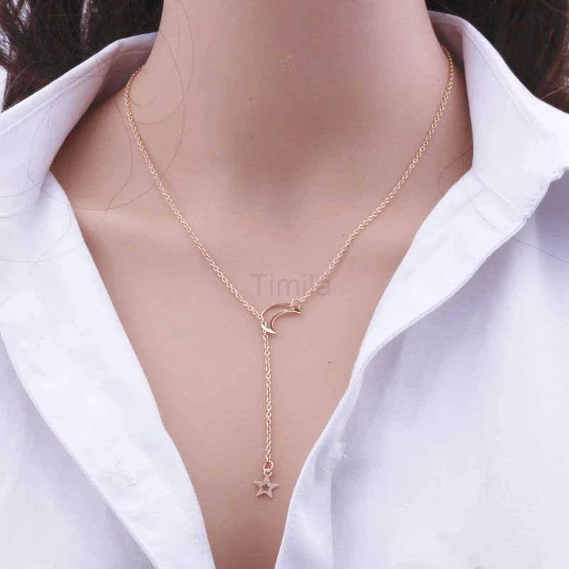 New Simple Moon Star Pendant Choker Necklace Simple Gold Color Alloy Charm Chain Collares Necklace For Women Party Jewelry U251022