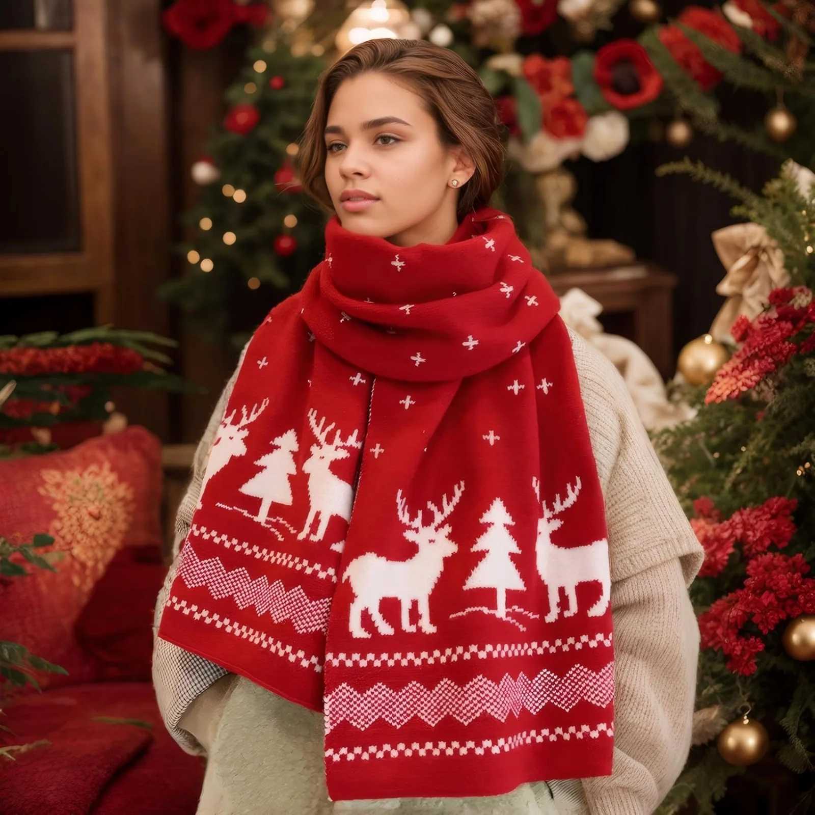 1PC Christmas Reindeer Scarf Knitted Warm Doublesided Pattern Winter Holiday Fashion Accessory For Women Girls Xmas Party Gift J251022