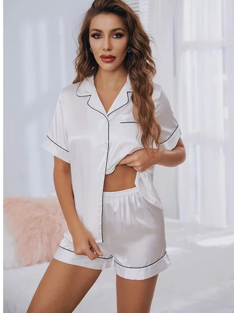 Summer Pijamas Sets Women Sleepwear Silk Satin ButtonDown Short Sleeve Tops and Shorts Twopiece Loungewear 251022