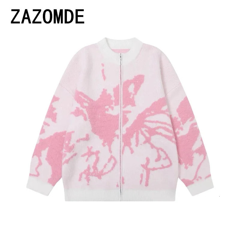 ZAZOMDE Men Sweater Cardigan Y2K Vintage Knitted Graffiti Butterfly Zip Up Jumpers Hip Hop Loose Double Zipper Punk Gothic Coat 251020