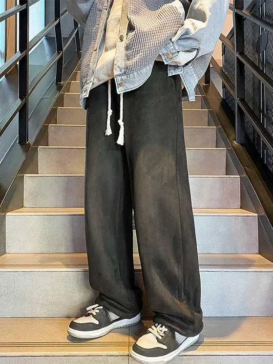 Womens Suede Thickened Straight Leg Pants Korean Style Wide Leg Autumn Winter New Student Fashion Casual TrousersT251022