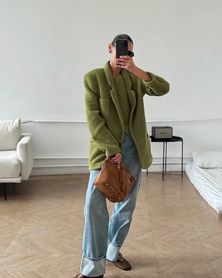 Casual Green Woolen Coat Women Fashionable Solid Color Chic Collar Single Button Jacket Autumn Daily Highstreet Outerwear 251021