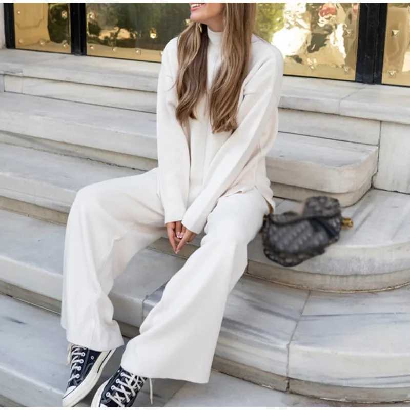 Split Turtleneck Women Sweater Suit Winter Solid Loose Casual Wide Leg Pants Female Two Piece Set 2024 Elegant Knit Tops OutfitsT251022