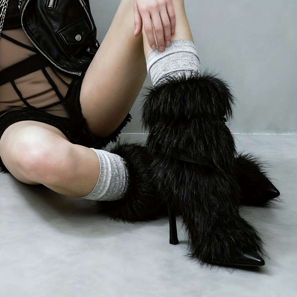 Women's Punk Style Faux Fur Fluffy Pointed Toe Stiletto Ankle Plush Lining Warm Winter Snow Boots With EVA Insole & Non-Slip Rubber Sole, Cozy Fu