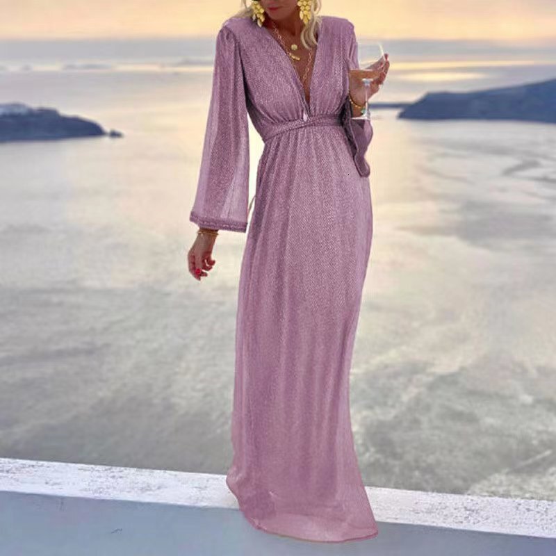 European and American designers fashion hot foreign trade women's clothing spot fashion apricot V-neck long sleeved sequined dress