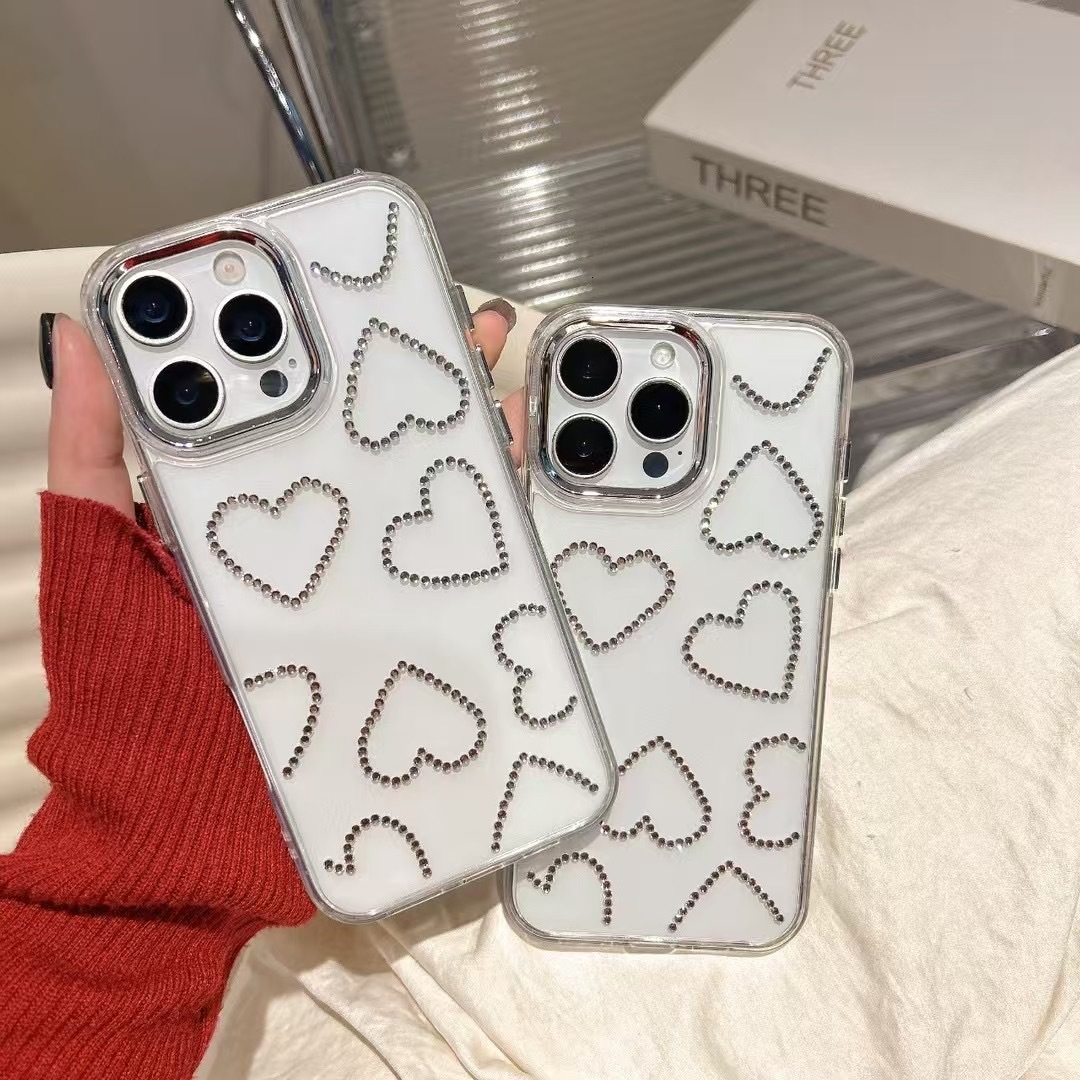 INS Flash Diamond Heart Compatible with iphone 17 Phone 16Pro Full Coverage 15 High-end Feel 14 Shockproof 13 Protective Case 11