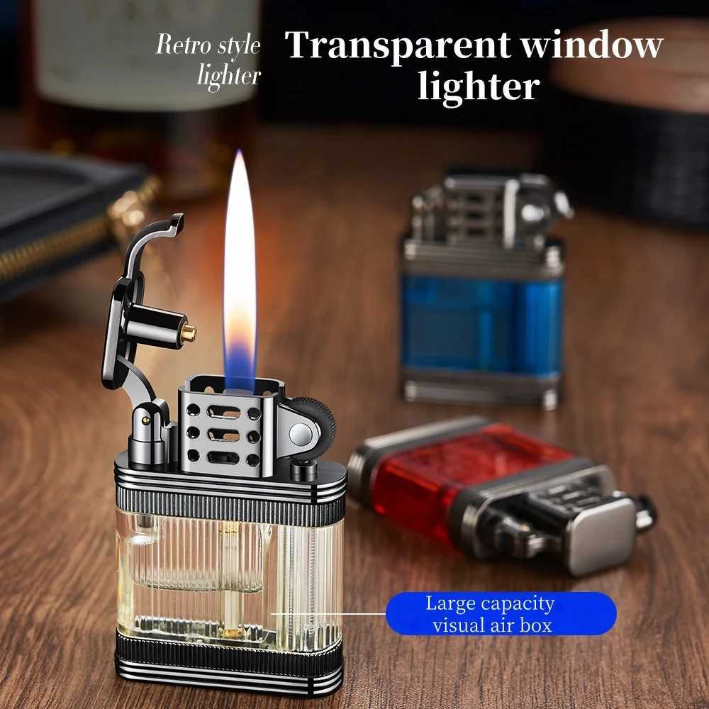 New Transparent Window Retro Grinding Wheel Lighter Alloy High Quty Light Luxury Leather Pattern Cigarette Lighter C251022