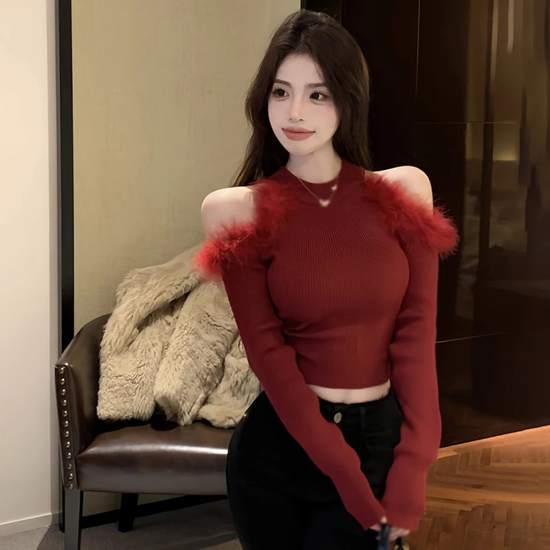 Autumn Winter Long Sleeve Half High Collar Splice Plush Sweaters Hollow Out Shoulder Pullover Knitted Solid Color Y2k Streetwear 251016