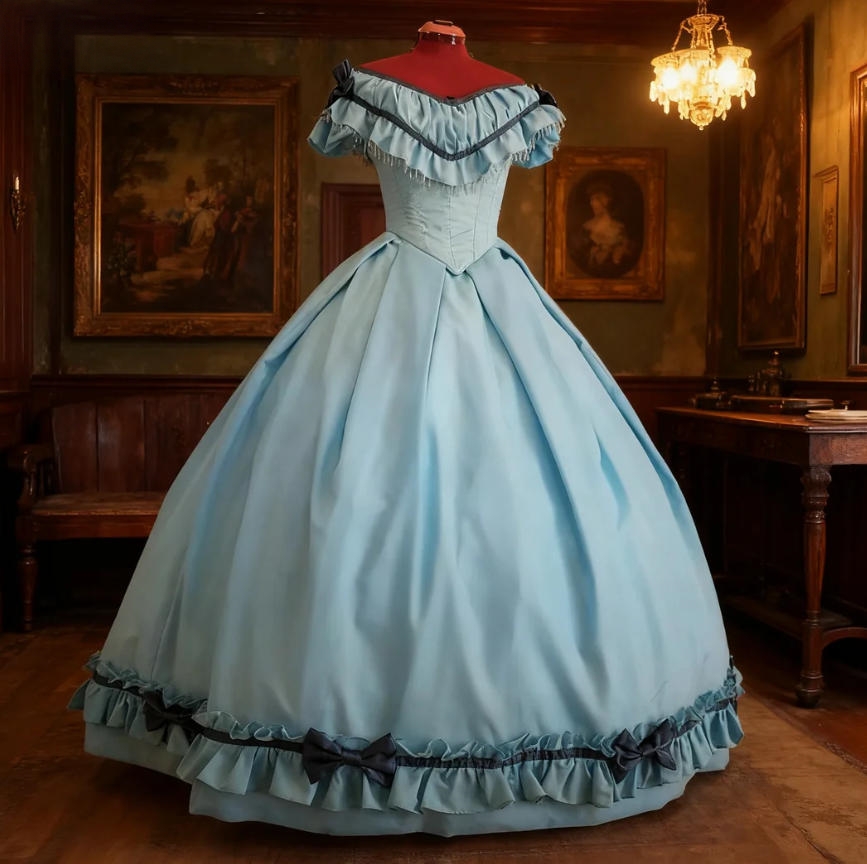 Historian Civil War Era Ball Gown Prom Dresses Floor Length Bow Ruffles Short Sleeves Princess Satin Evening Gowns Vintage Victorian Party Costume