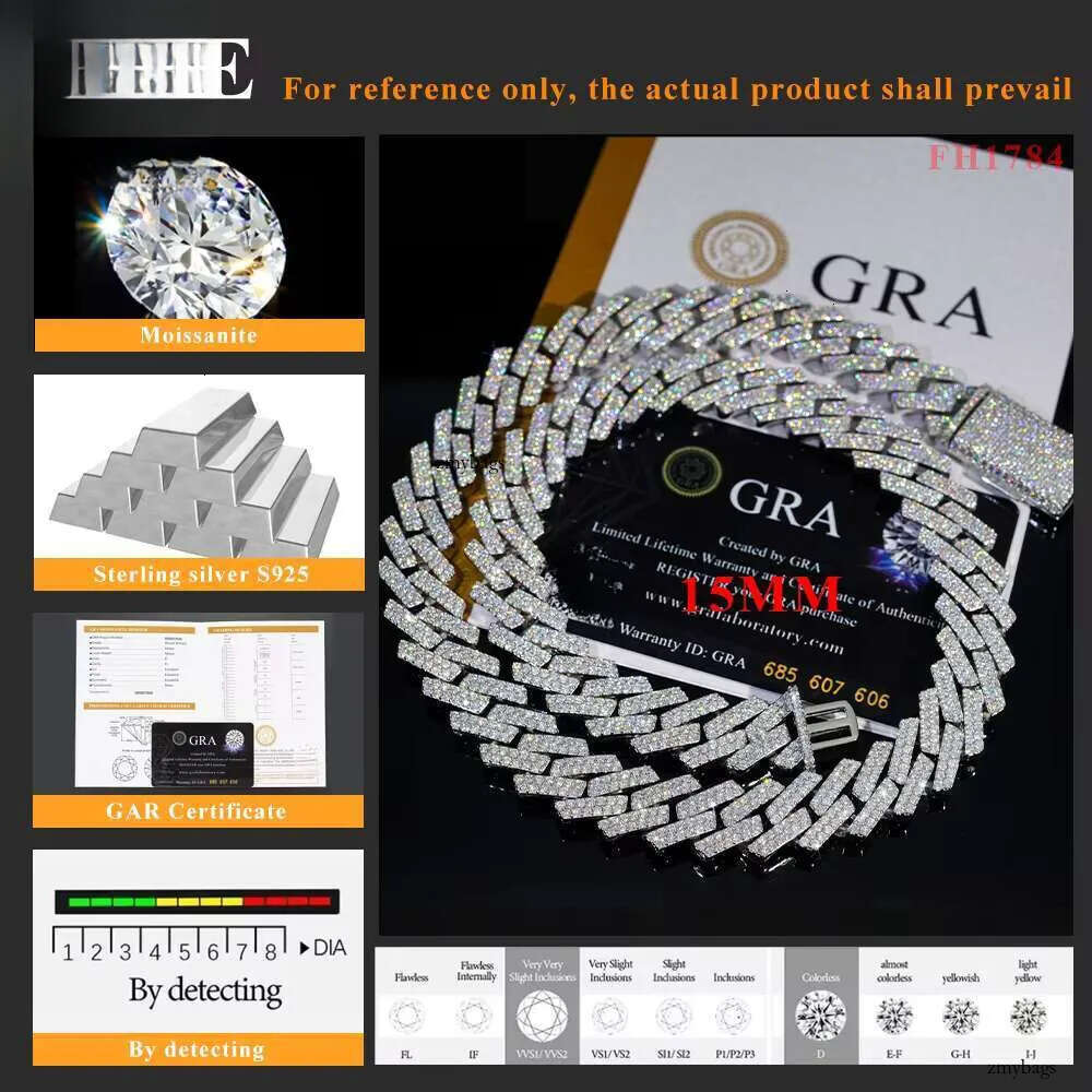 Hot Selling Drop Shipping Service Sterling Sier Hip Hop 15mm Iced Out Moissanite Dia Cuban Link Chain