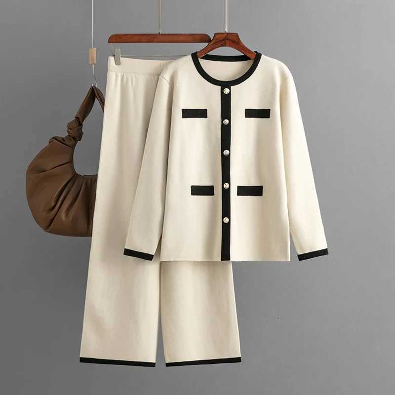 HLBCBG Autumn Casual Sweater Knitted Suits O Neck Loose PulloverSolid Wide Legs Long Pants Women Streetwear Knitted SetsT251022