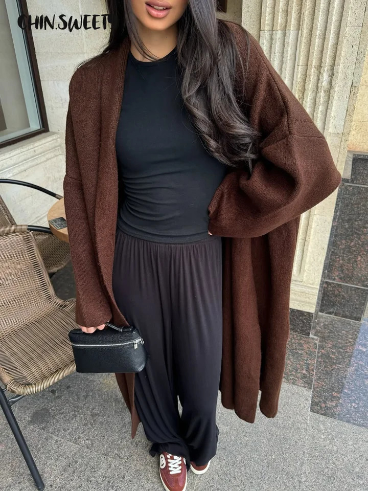 Casual Knitted Womens Cardigan Full Wide Sleeves Solid Loose Long Coats Lady Autumn Winter Fashion Female Overcoat 251017