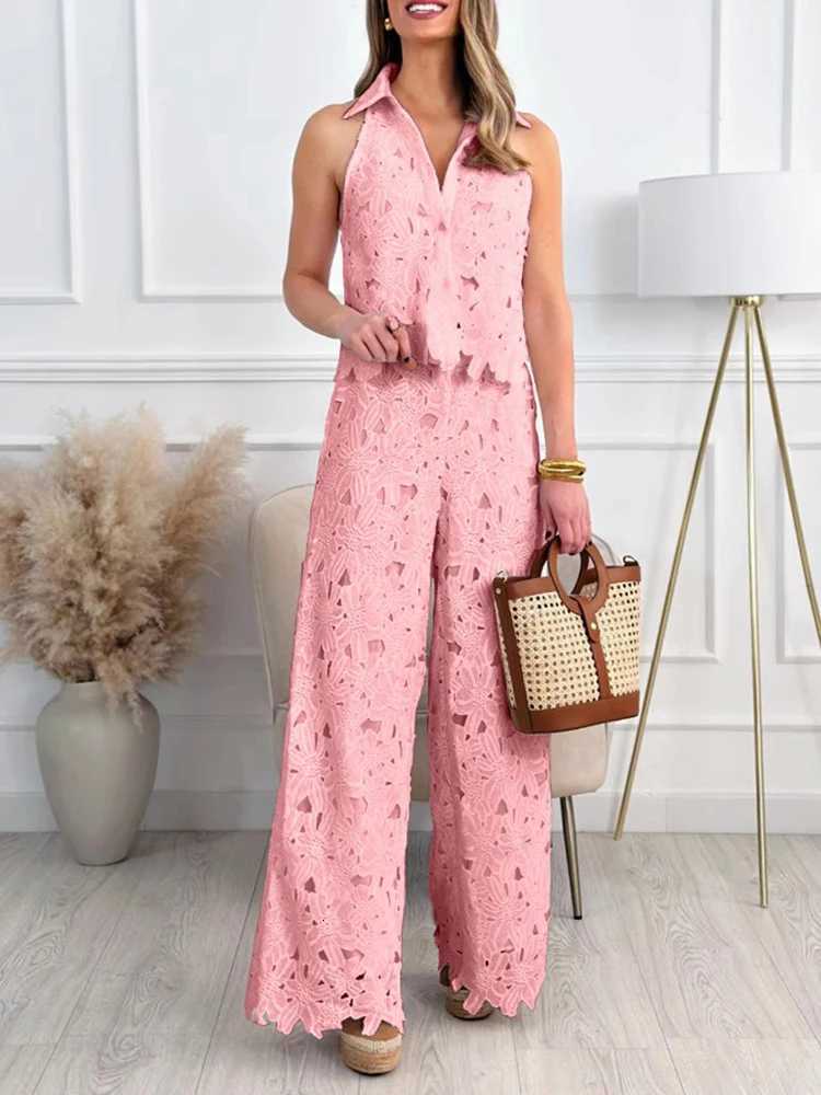 Summer Set Woman Hollow Out Shirt Pants Set Lace Fabric Casual Sleeveless Vest Two Piece Pants Set Wholesale DropshippingT251022