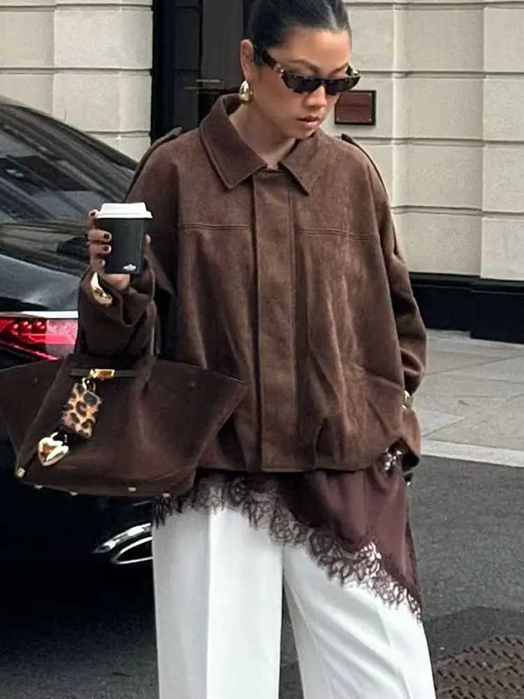 HH New Womens Autumn Causal Loose Suede Texture Jackets Long Sleeves Solid Lapel Zipper Fly Coat Female Street Fashion Coats Y251105