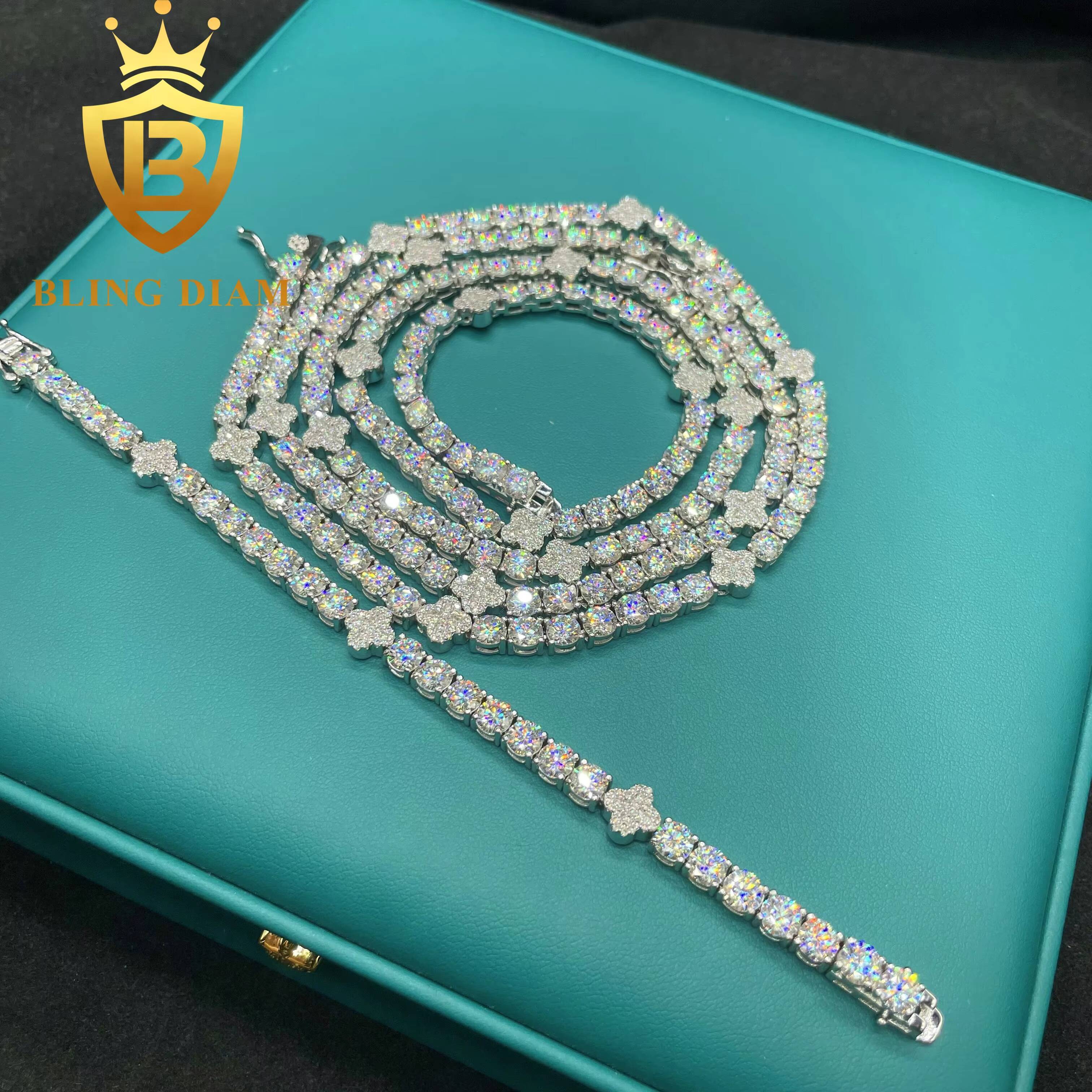 New Arrivals Iced Out Bling Four Clover 5mm Tennis Chain Cluster Necklace Hiphop Moissanite Diamond 925 Silver Men Woman
