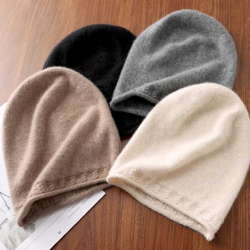 100 Pure Wool Womens Knitted Beanie Autumn Winter Warm Soft Pullover Crimping Cap Korean Fashion Elegant Slouch Skullies J251022