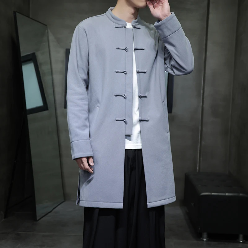 Chinesestyle Blue Long Jacket Mens Gray Singlebreasted Standup Collar Trench Coat Spring Fall Winter Top 251014