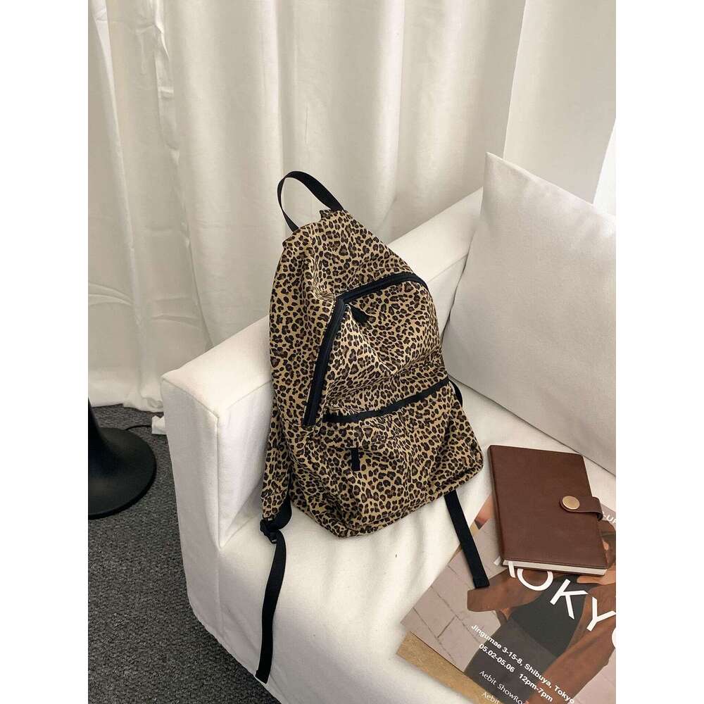 Solid Color Student Women, Large Capacity Fashionable Korean Style Laptop School Bag, Trendy Leopard Print Backpack For Women B5