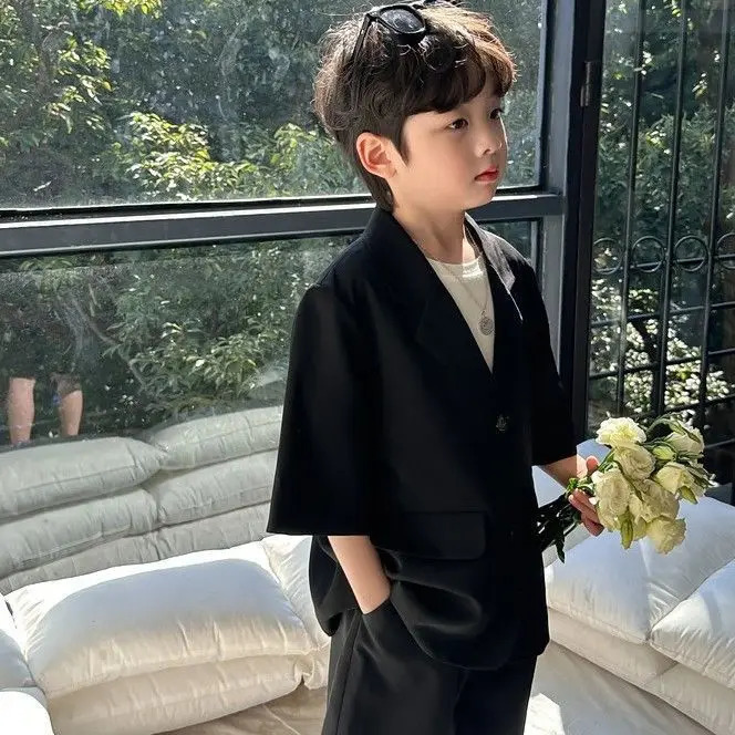 Boys Summer Suit Set Korean Style Black Short Sleeve Blazer Shorts Outfit 2Piece Casual Loose Formal Wear for Kids Age 38 Year 251021