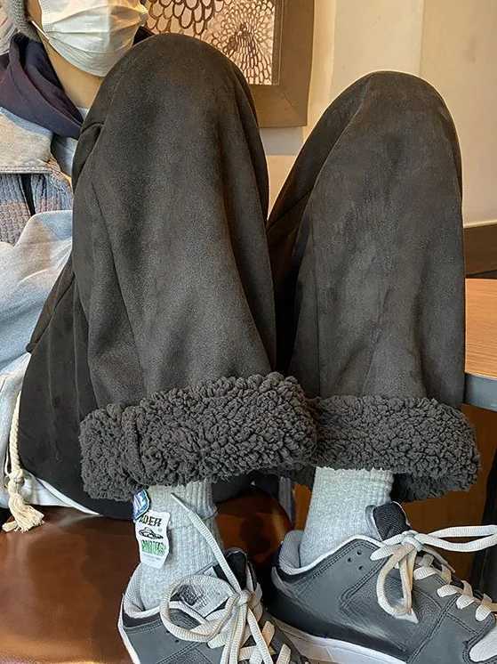 Womens Suede Thickened Straight Leg Pants Korean Style Wide Leg Autumn Winter New Student Fashion Casual TrousersT251022