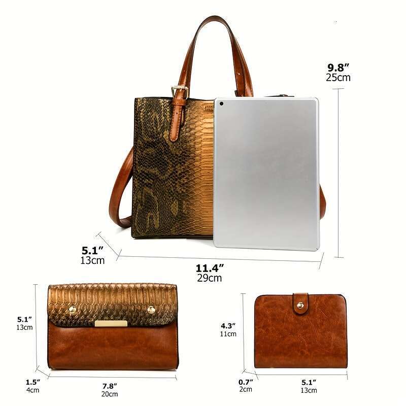 3-Piece Set Women's Crocodile Pattern Handbags, Stylish Faux Leather Tote With Matching Clutch & Wallet, Vintage Design Crossbody Bag